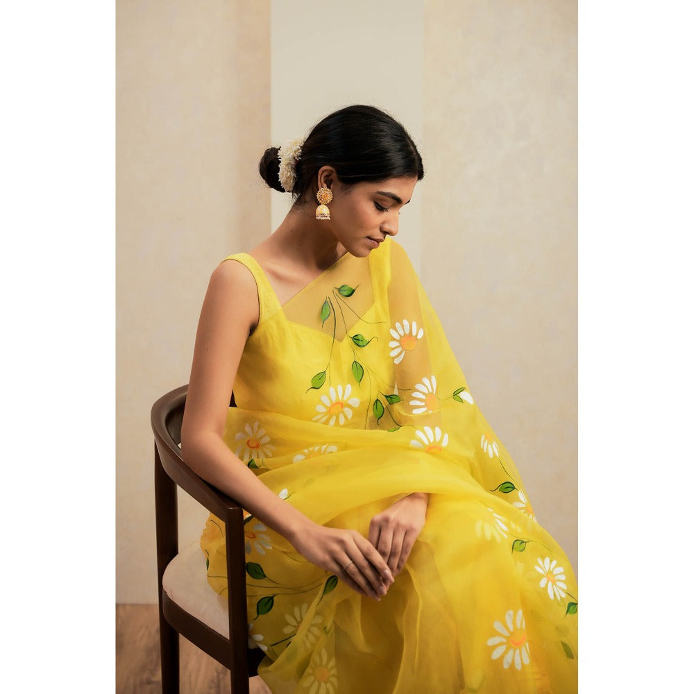 Mangalmay By Aastha Yellow Glow Hand Painted Organza Saree with Unstitched Blouse