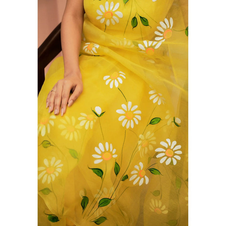 Mangalmay By Aastha Yellow Glow Hand Painted Organza Saree with Unstitched Blouse