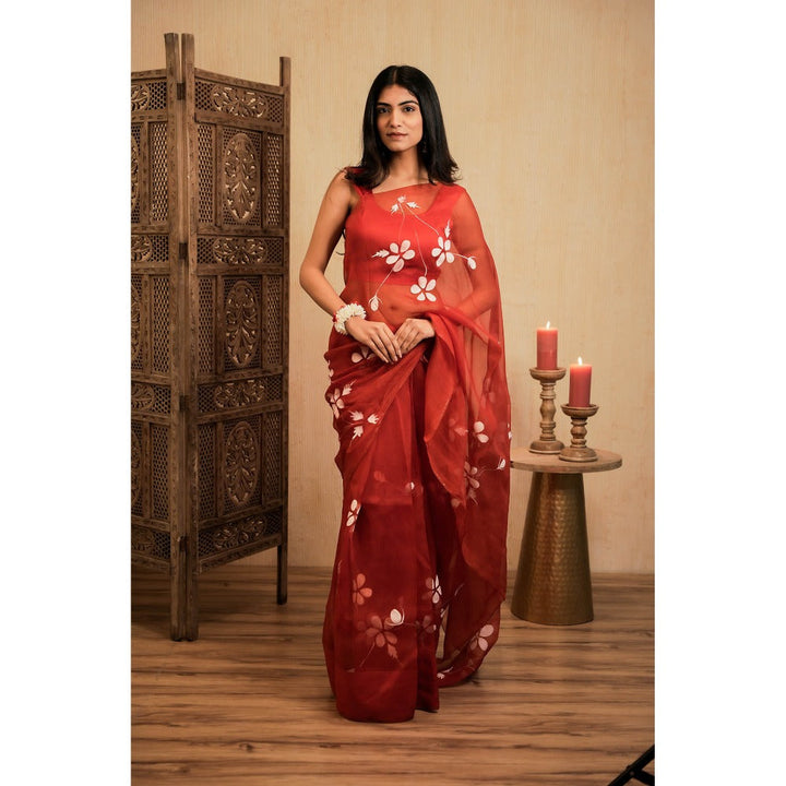 Mangalmay By Aastha Red Tinted Hand Painted Organza Saree with Unstitched Blouse