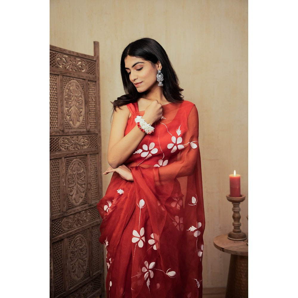 Mangalmay By Aastha Red Tinted Hand Painted Organza Saree with Unstitched Blouse