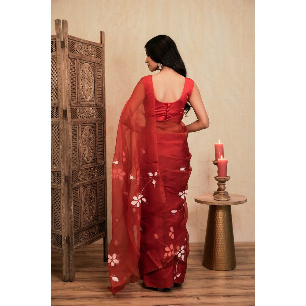 Mangalmay By Aastha Red Tinted Hand Painted Organza Saree with Unstitched Blouse