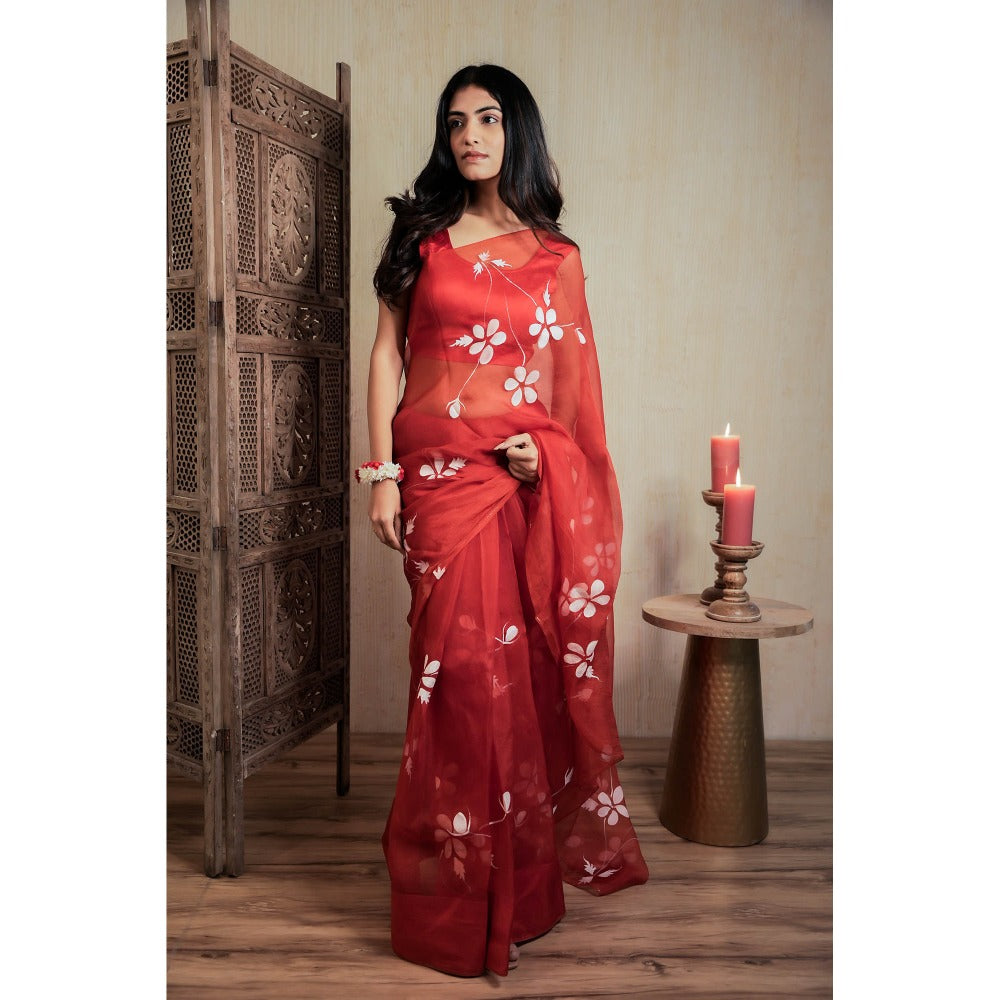 Mangalmay By Aastha Red Tinted Hand Painted Organza Saree with Unstitched Blouse