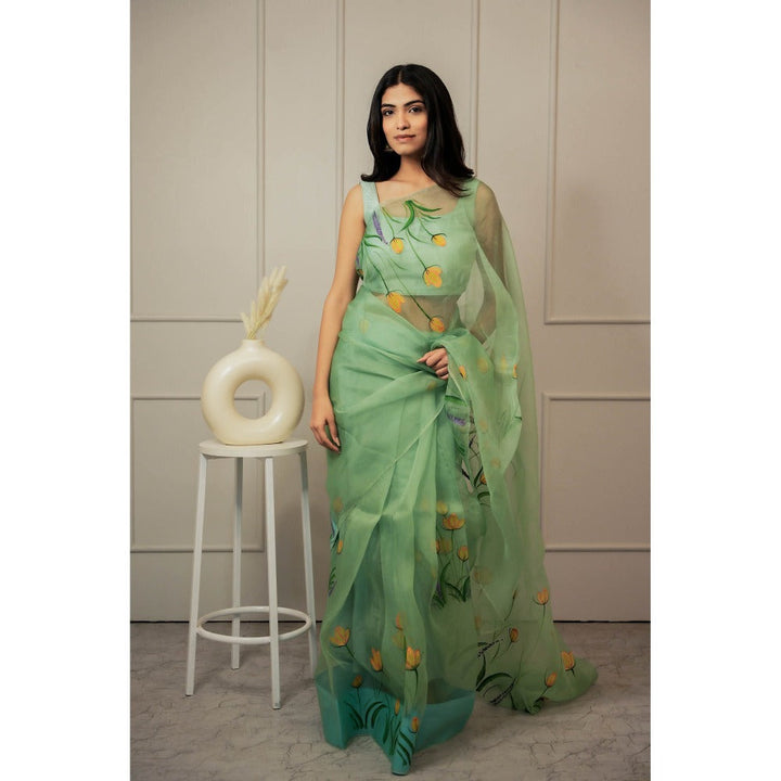 Mangalmay By Aastha Forest Green Hand Painted Organza Saree with Unstitched Blouse