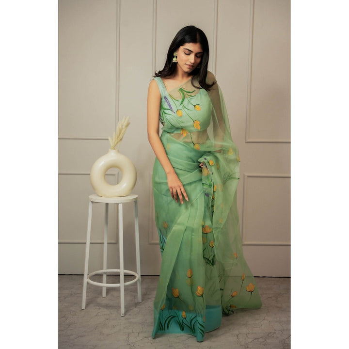 Mangalmay By Aastha Forest Green Hand Painted Organza Saree with Unstitched Blouse