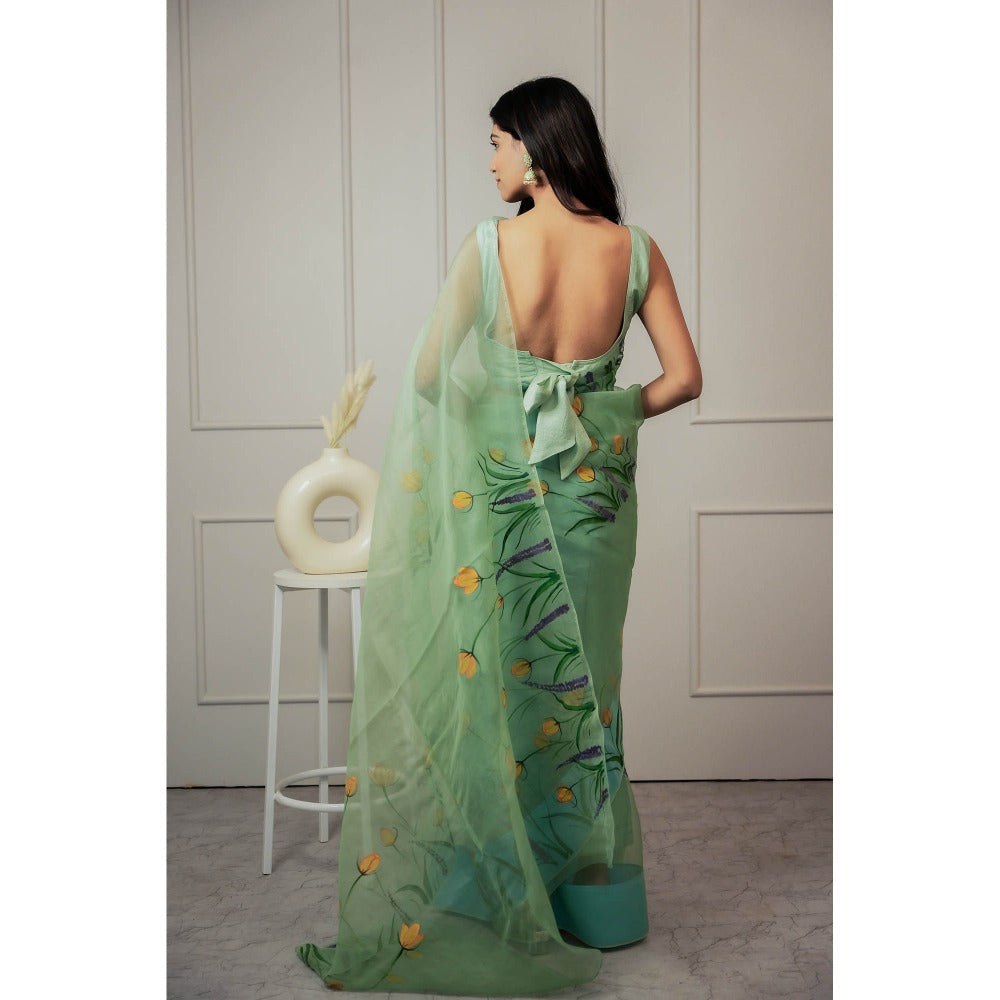 Mangalmay By Aastha Forest Green Hand Painted Organza Saree with Unstitched Blouse