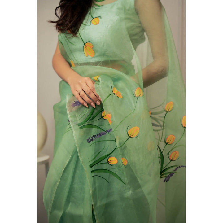 Mangalmay By Aastha Forest Green Hand Painted Organza Saree with Unstitched Blouse