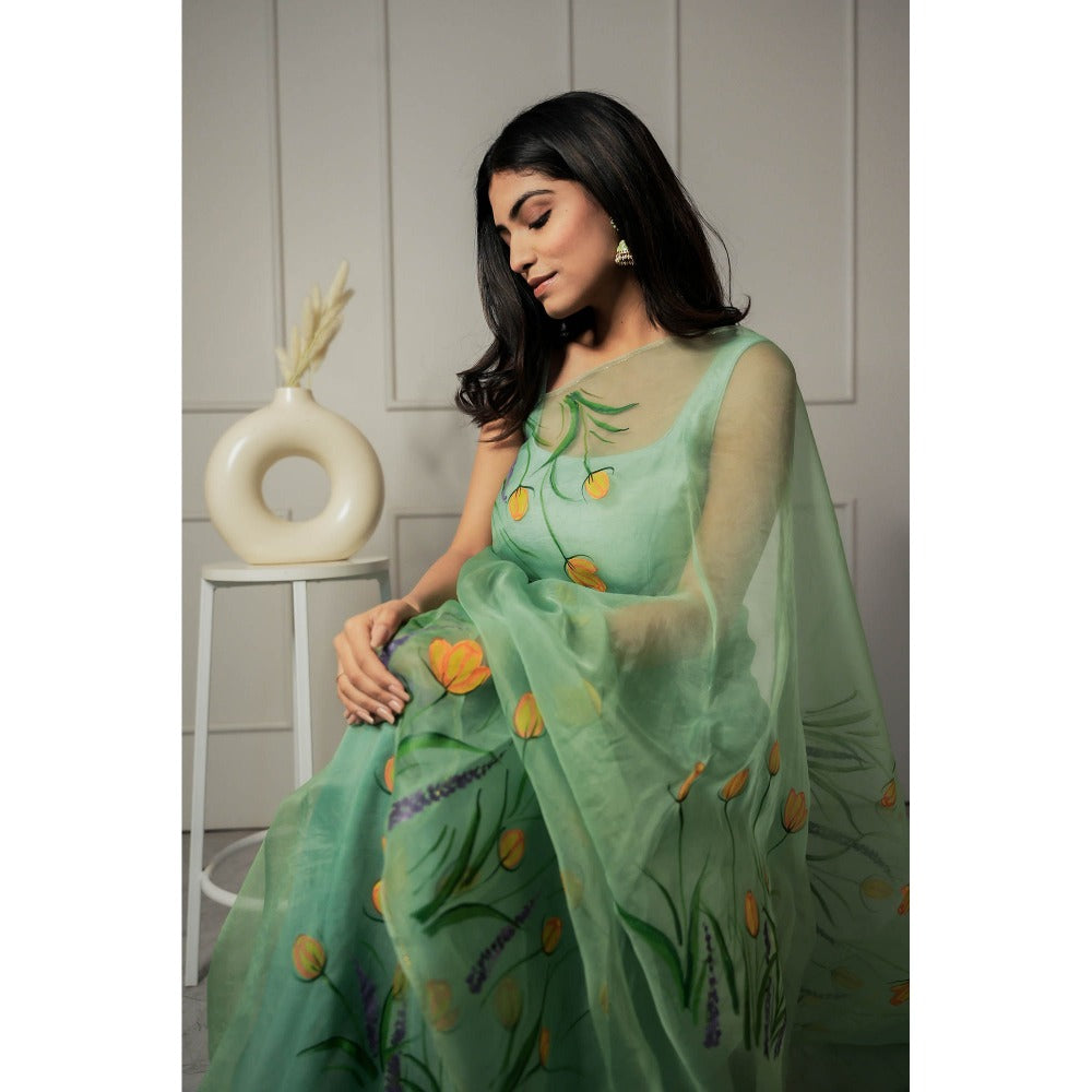 Mangalmay By Aastha Forest Green Hand Painted Organza Saree with Unstitched Blouse