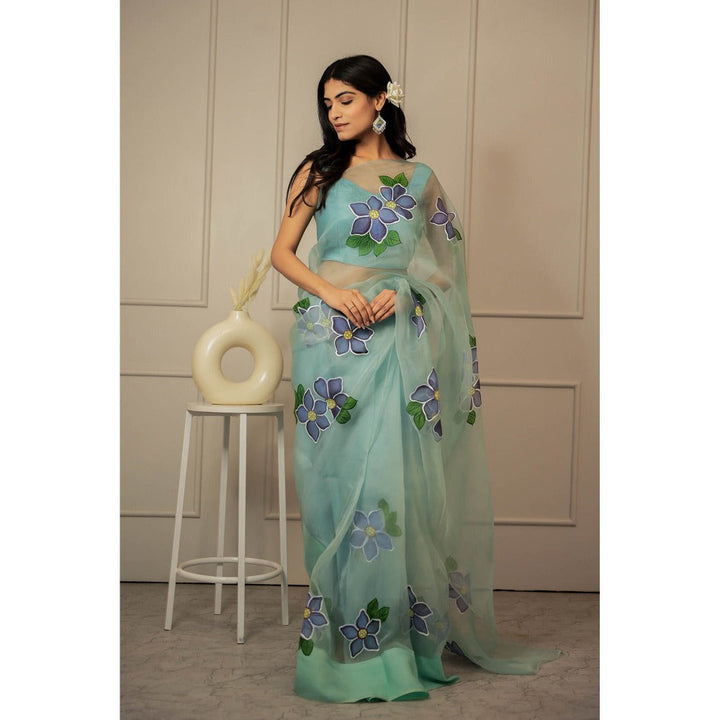 Mangalmay By Aastha Evening Blue Hand Painted Organza Saree with Unstitched Blouse