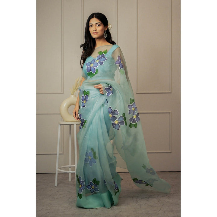 Mangalmay By Aastha Evening Blue Hand Painted Organza Saree with Unstitched Blouse