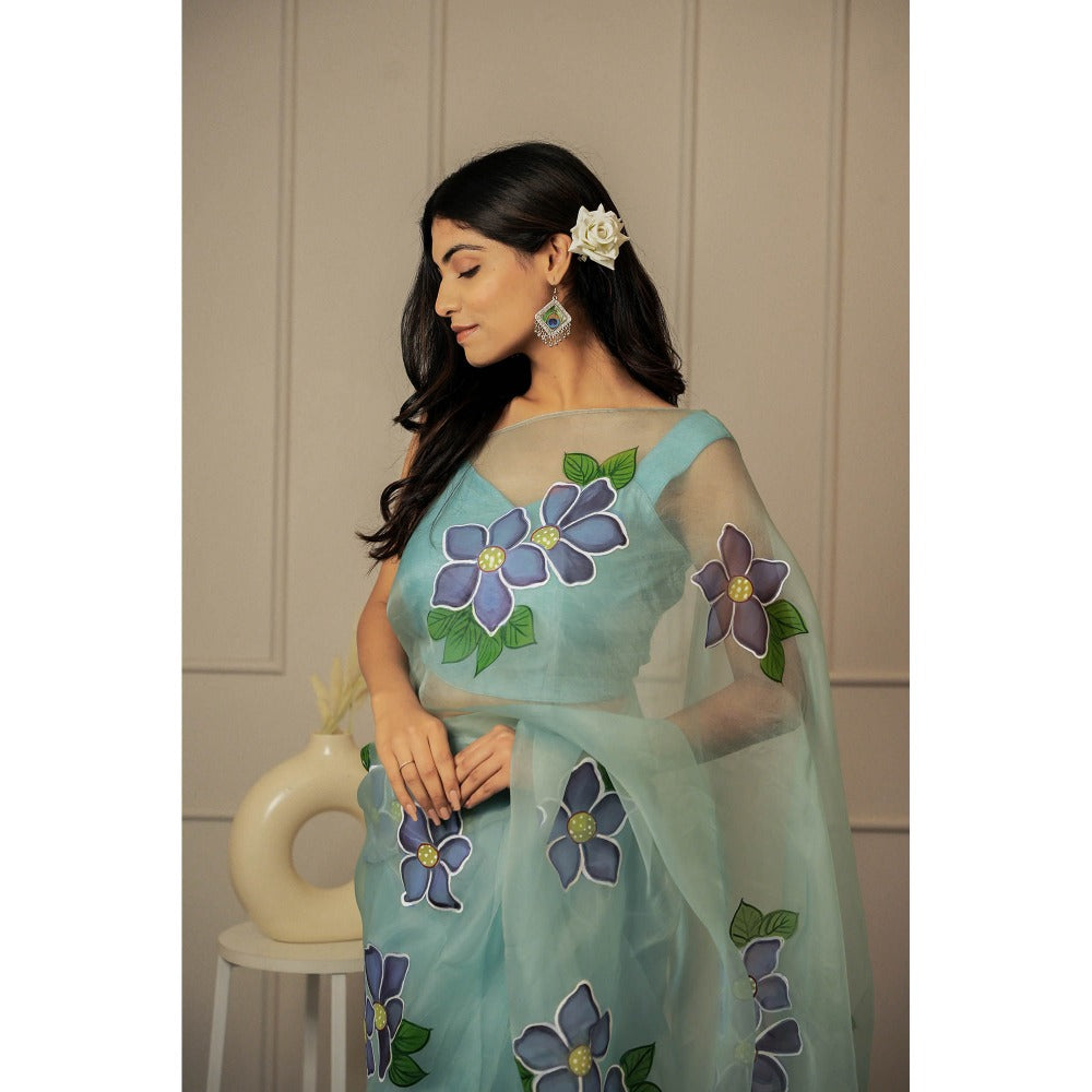 Mangalmay By Aastha Evening Blue Hand Painted Organza Saree with Unstitched Blouse