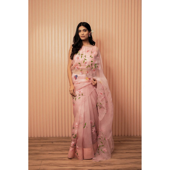 Mangalmay By Aastha Pink Pearl Hand Painted Organza Saree with Unstitched Blouse