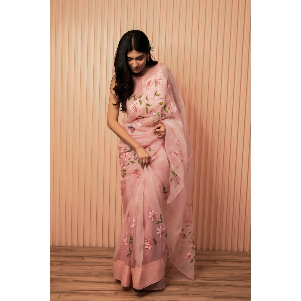 Mangalmay By Aastha Pink Pearl Hand Painted Organza Saree with Unstitched Blouse