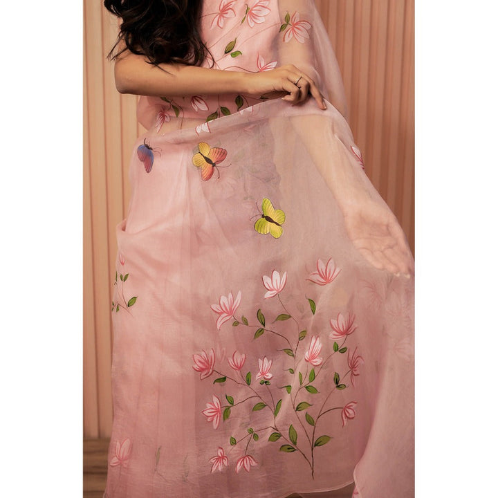 Mangalmay By Aastha Pink Pearl Hand Painted Organza Saree with Unstitched Blouse