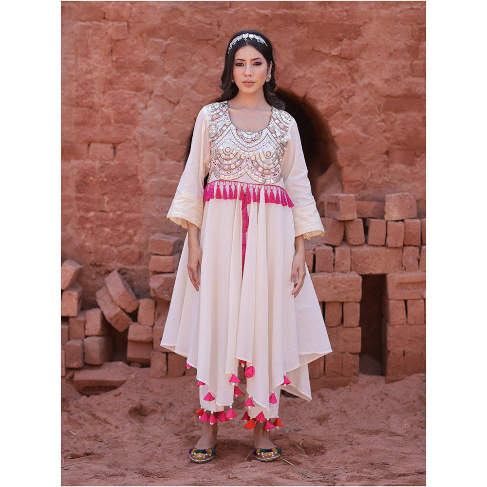 Mani Dua Khanna Ivory Mirror Work Kurta with Pant (Set of 2)