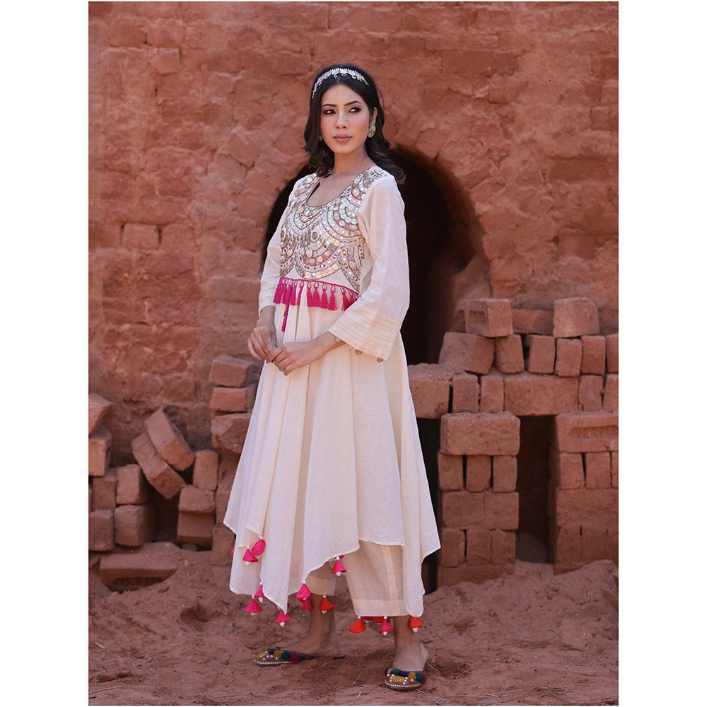 Mani Dua Khanna Ivory Mirror Work Kurta with Pant (Set of 2)