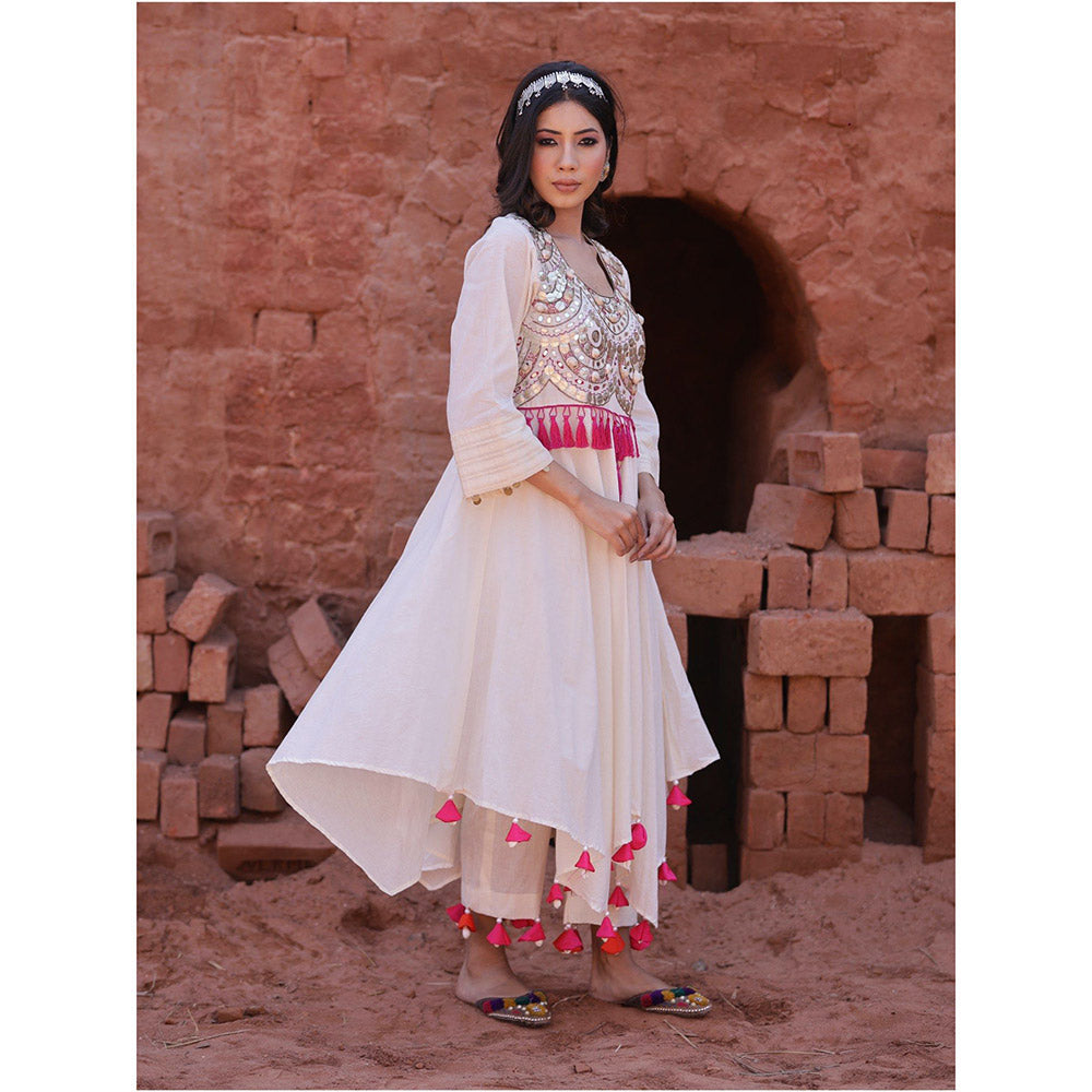 Mani Dua Khanna Ivory Mirror Work Kurta with Pant (Set of 2)