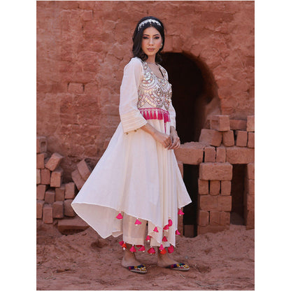 Mani Dua Khanna Ivory Mirror Work Kurta with Pant (Set of 2)