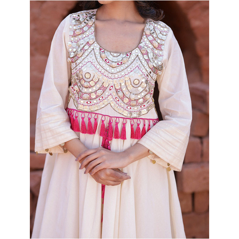 Mani Dua Khanna Ivory Mirror Work Kurta with Pant (Set of 2)