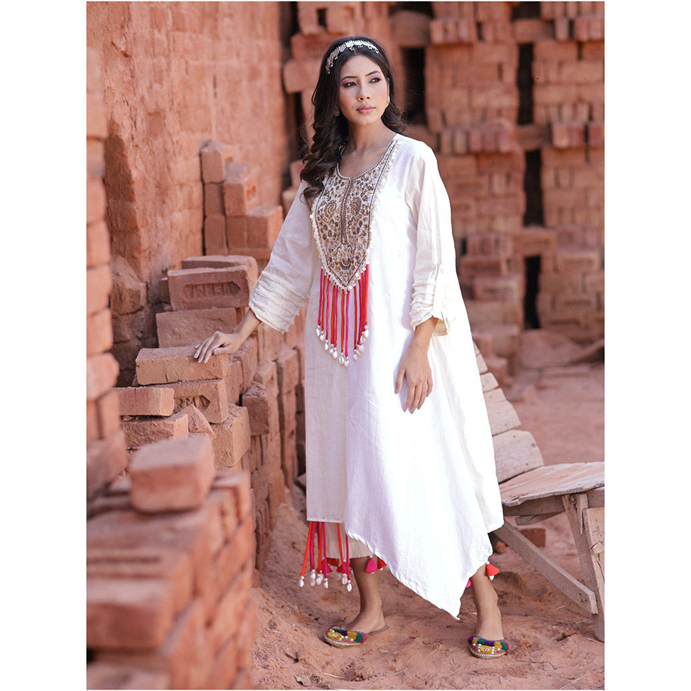 Mani Dua Khanna Asymmetric Ivory Kurta with Pant (Set of 2)