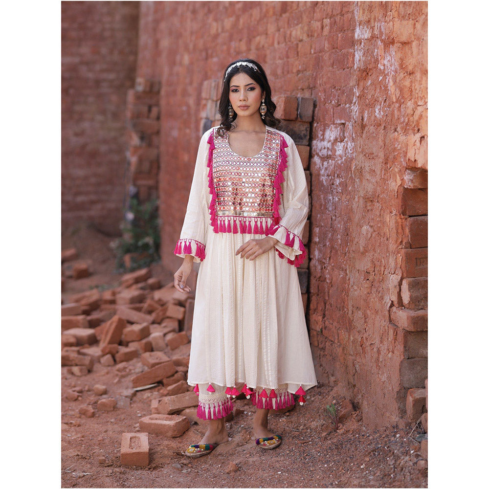 Mani Dua Khanna Full Sleeves A-Line Ivory Kurta with Pant (Set of 2)