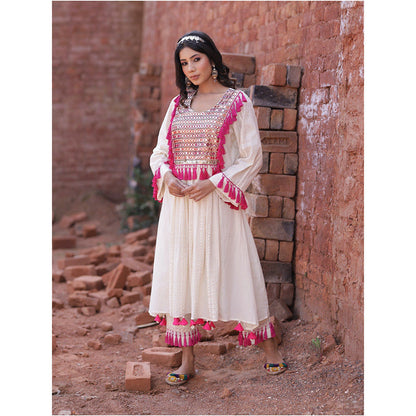 Mani Dua Khanna Full Sleeves A-Line Ivory Kurta with Pant (Set of 2)