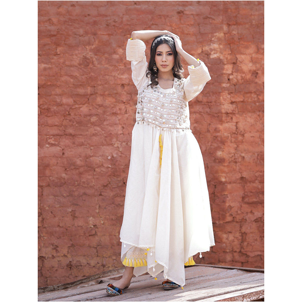 Mani Dua Khanna Coin Work On Asymmetric Ivory Kurta with Pant (Set of 2)