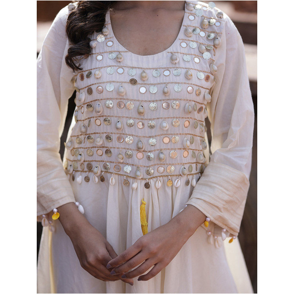 Mani Dua Khanna Coin Work On Asymmetric Ivory Kurta with Pant (Set of 2)