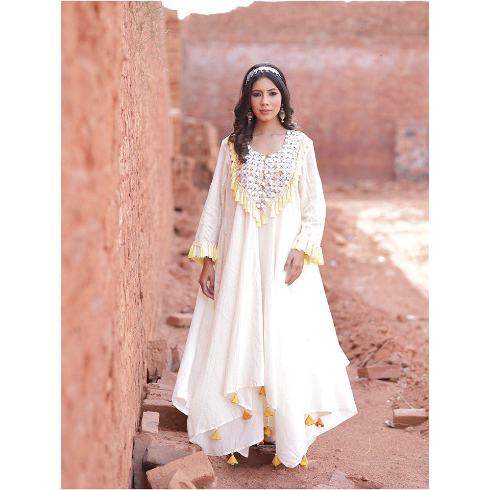 Mani Dua Khanna Asymmetric Ivory Anarkali with Pant (Set of 2)