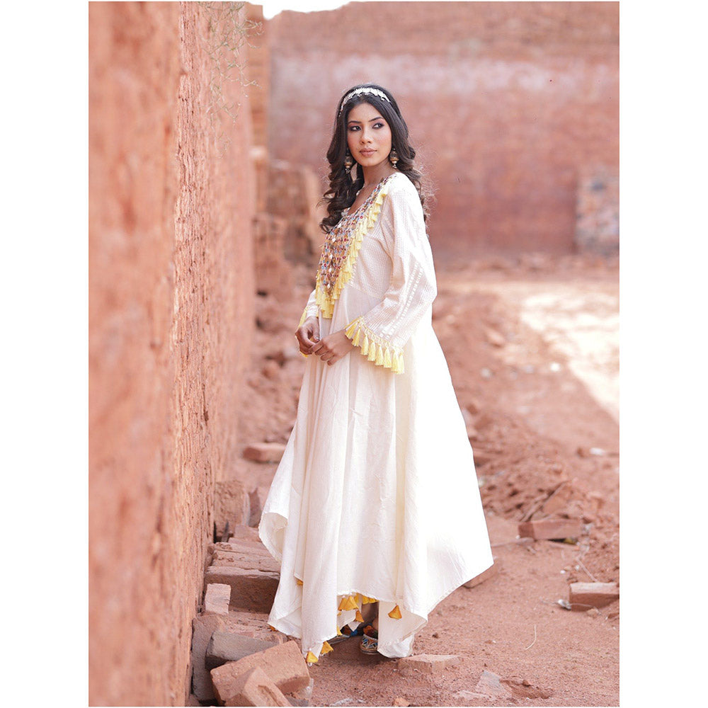 Mani Dua Khanna Asymmetric Ivory Anarkali with Pant (Set of 2)