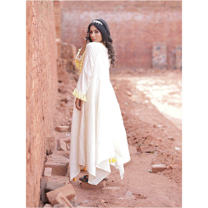 Mani Dua Khanna Asymmetric Ivory Anarkali with Pant (Set of 2)