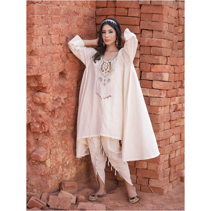 Mani Dua Khanna Asymmetric Ivory Kurta with Dhoti (Set of 2)