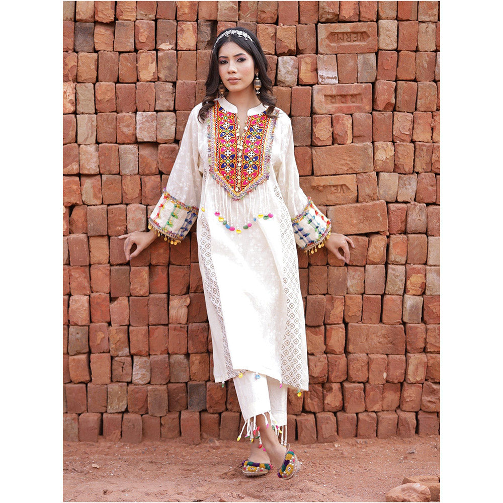 Mani Dua Khanna Ivory Boho Style Straight Anarkali with Pant (Set of 2)