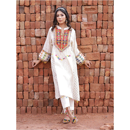 Mani Dua Khanna Ivory Boho Style Straight Anarkali with Pant (Set of 2)