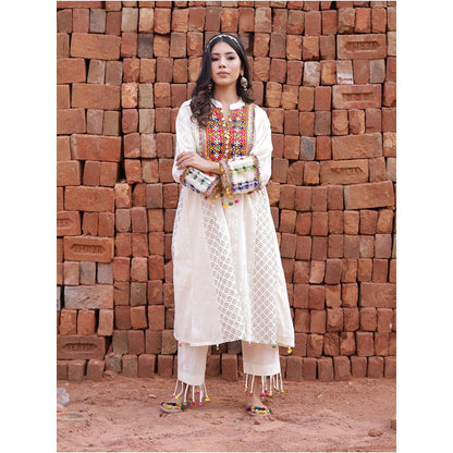 Mani Dua Khanna Ivory Boho Style Straight Anarkali with Pant (Set of 2)