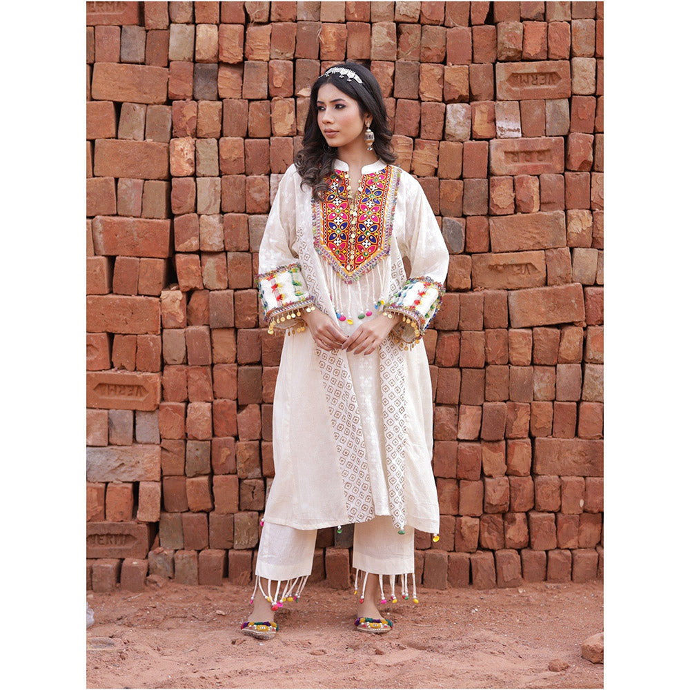 Mani Dua Khanna Ivory Boho Style Straight Anarkali with Pant (Set of 2)