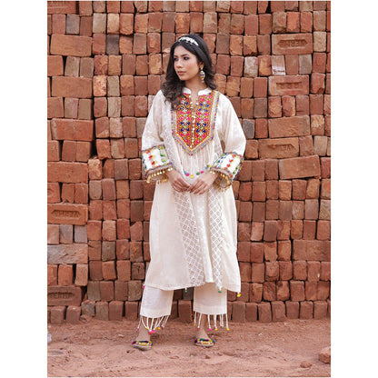 Mani Dua Khanna Ivory Boho Style Straight Anarkali with Pant (Set of 2)