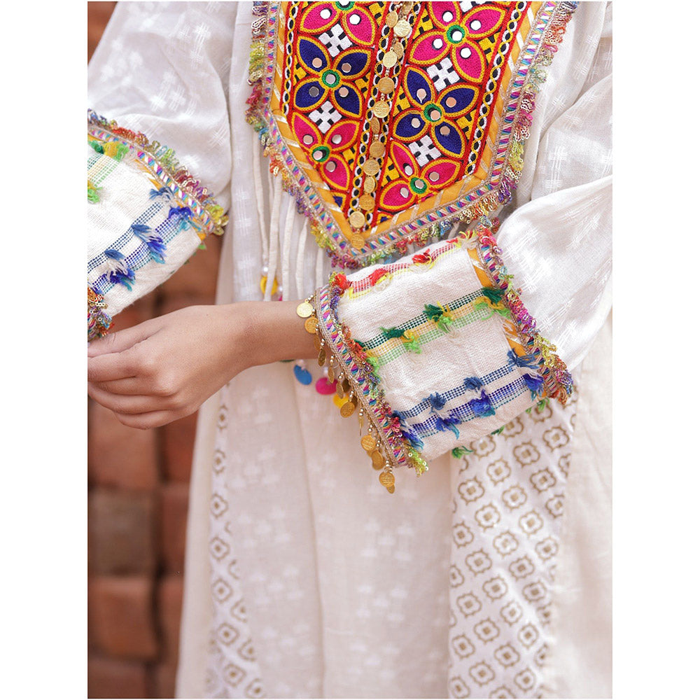 Mani Dua Khanna Ivory Boho Style Straight Anarkali with Pant (Set of 2)