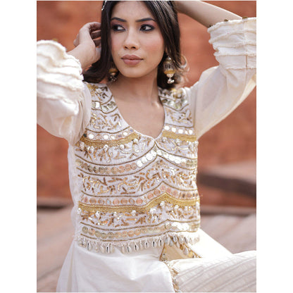 Mani Dua Khanna Coin N Shell Work Ivory Kurta with Pant (Set of 2)