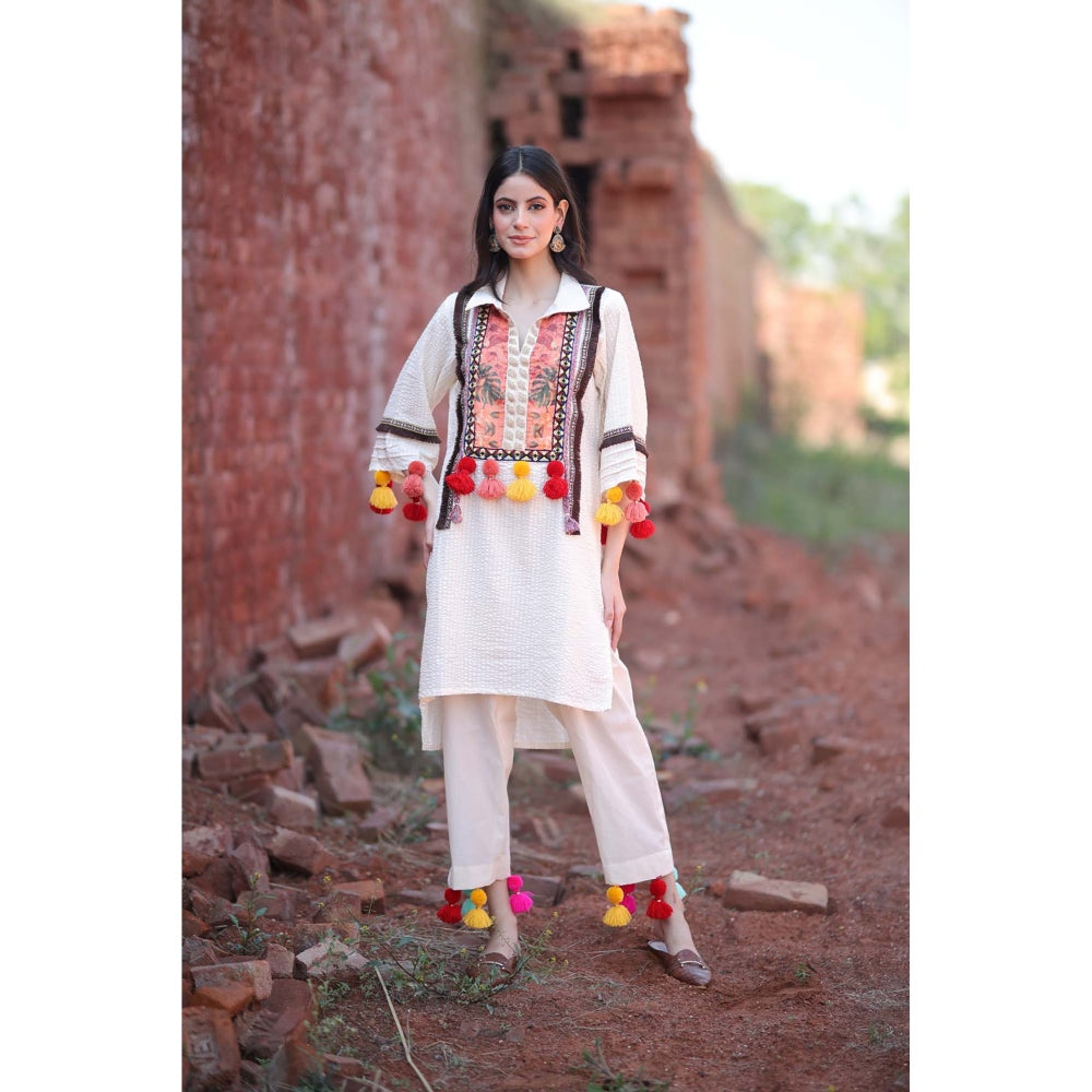 Mani Dua Khanna Ivory Tassel Cotton Kurta with Pant (Set of 2)