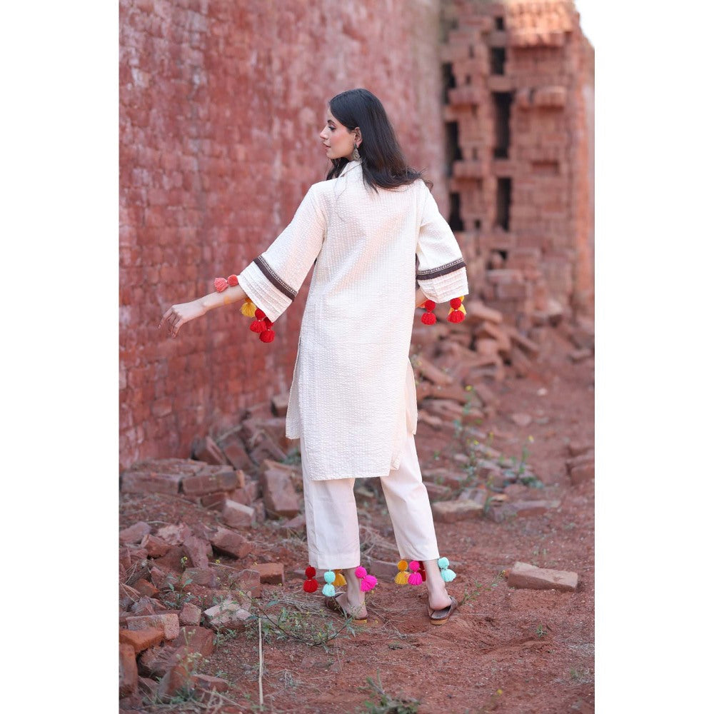 Mani Dua Khanna Ivory Tassel Cotton Kurta with Pant (Set of 2)