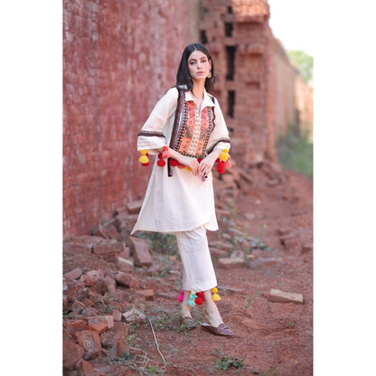 Mani Dua Khanna Ivory Tassel Cotton Kurta with Pant (Set of 2)