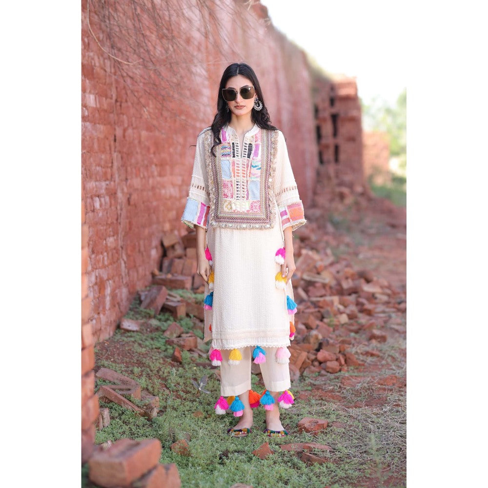 Mani Dua Khanna Boho Styled Ivory Embroidered Kurta with Pant (Set of 2)