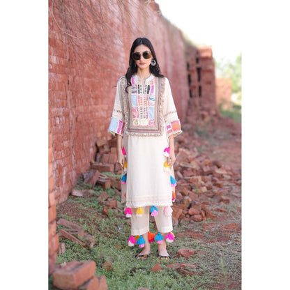 Mani Dua Khanna Boho Styled Ivory Embroidered Kurta with Pant (Set of 2)