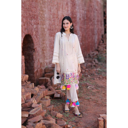 Mani Dua Khanna Ivory Crinkle Embroidery Kurta with Pant (Set of 2)