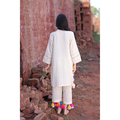 Mani Dua Khanna Ivory Crinkle Embroidery Kurta with Pant (Set of 2)