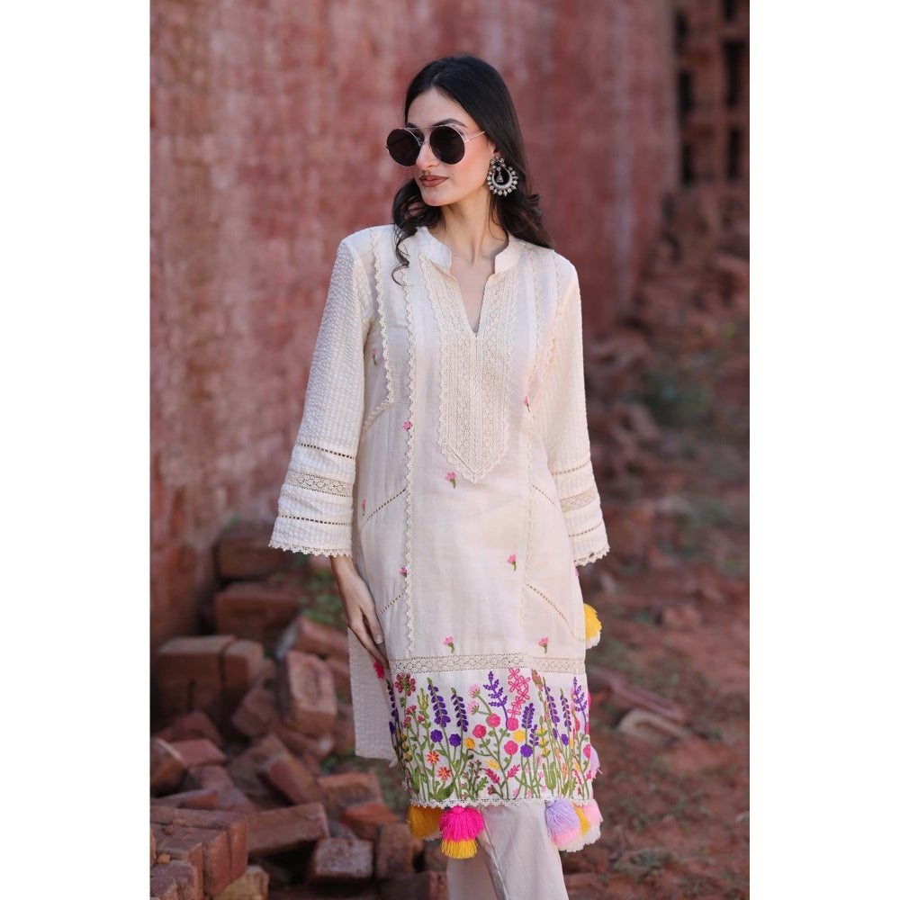 Mani Dua Khanna Ivory Crinkle Embroidery Kurta with Pant (Set of 2)