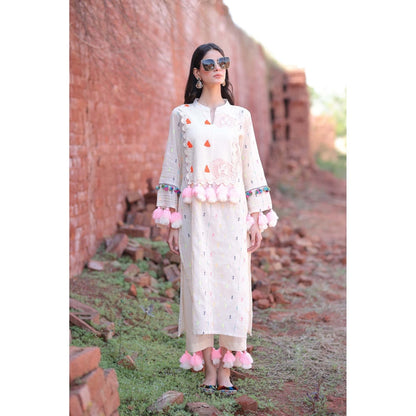 Mani Dua Khanna Ivory Handcrafted Tassel Kurta with Pant (Set of 2)