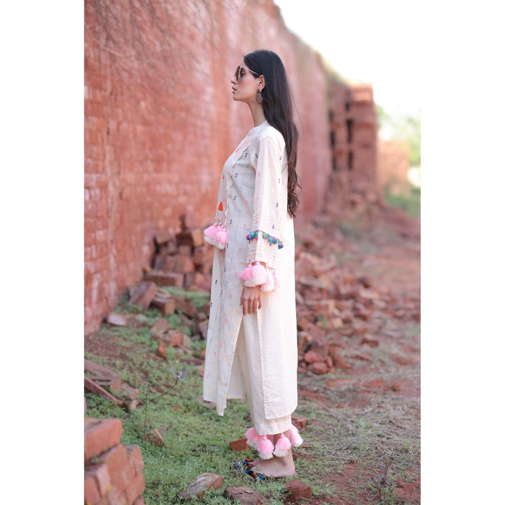 Mani Dua Khanna Ivory Handcrafted Tassel Kurta with Pant (Set of 2)