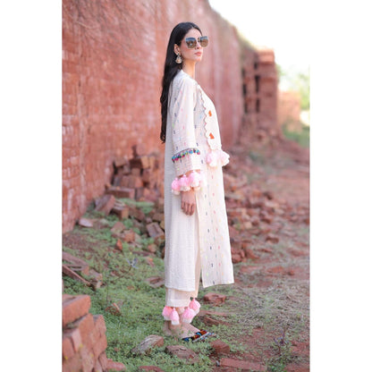Mani Dua Khanna Ivory Handcrafted Tassel Kurta with Pant (Set of 2)