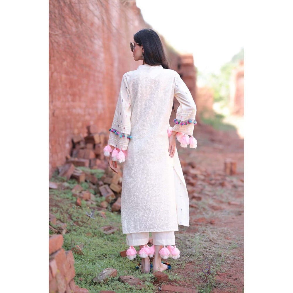 Mani Dua Khanna Ivory Handcrafted Tassel Kurta with Pant (Set of 2)